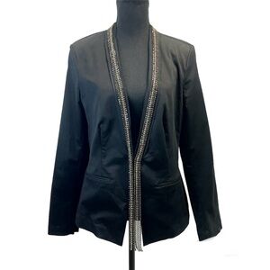 Rock & Republic black Crystal rhinestone Diamanté collar trim fringe blazer 10